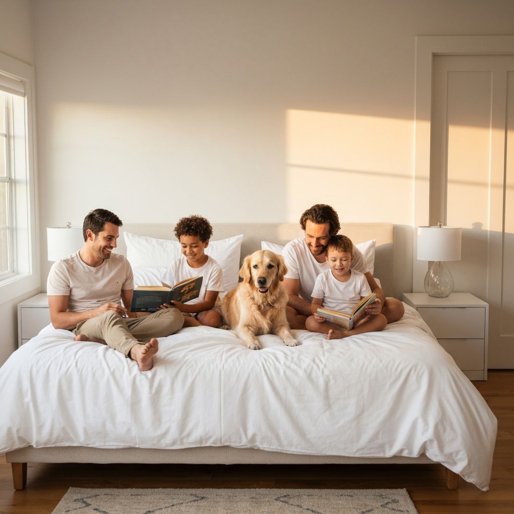 Family enjoying an Alaskan King mattress together with children and a dog