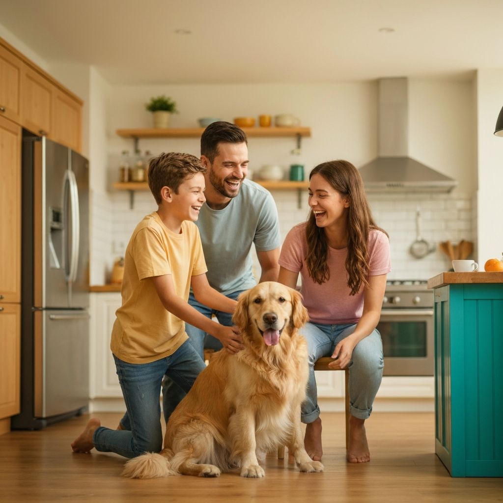 Family enjoying an Alaskan King mattress together — parents, children, and pets