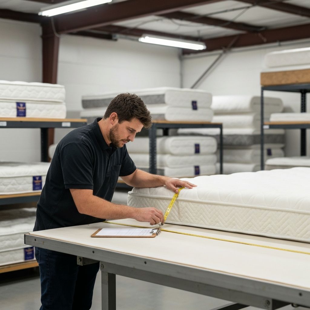 Quality control inspector examining a finished Alaskan King mattress in North Carolina workshop